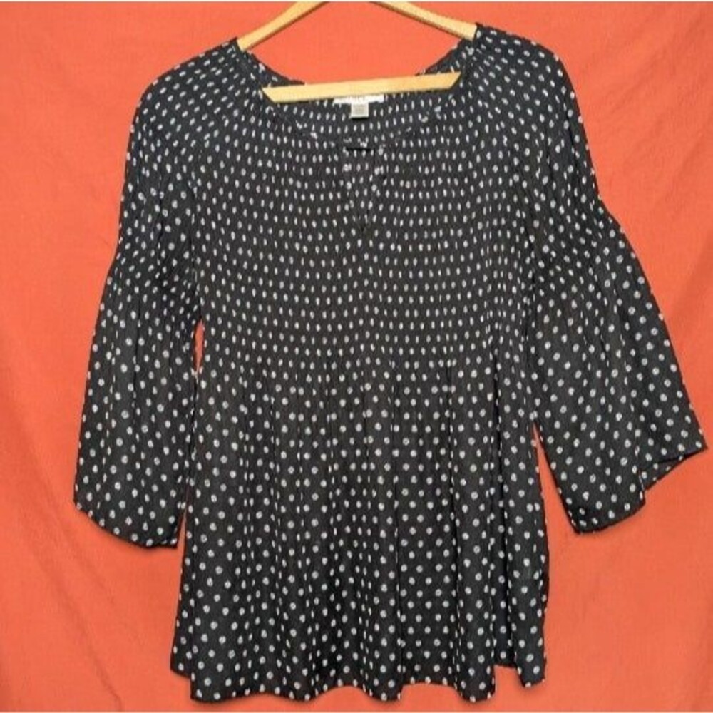 Black White Dot Smocked Babydoll Top Bell Sleeves Petite Medium Whimsigoth - Picture 2 of 9